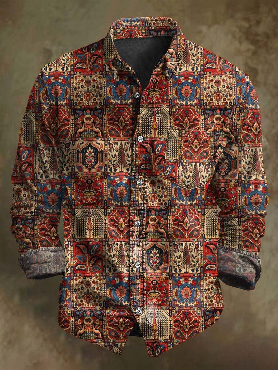 Retro Floral Geometric Print Casual Long-Sleeve Shirt