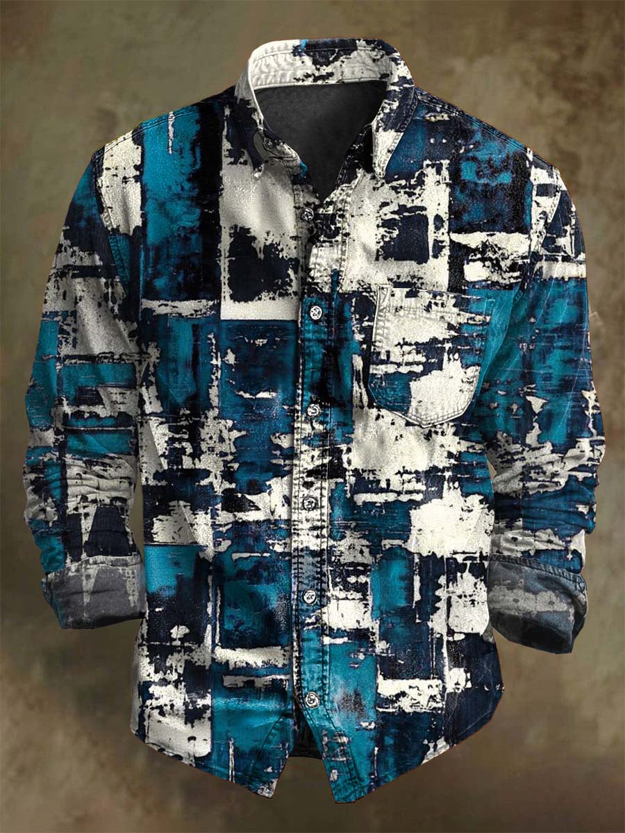 Abstract Color-Blocked Geometric Print Casual Long-Sleeve Shirt