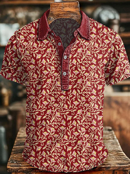 Retro Floral Print Casual Short-Sleeve Polo Shirt