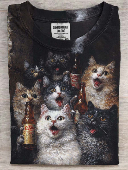 Abstract Celebration Cat Print Casual Short-Sleeve T-Shirt