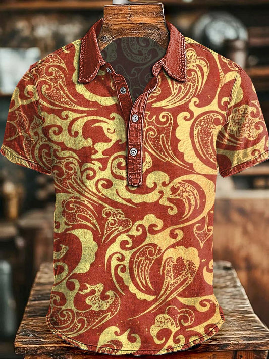 Retro Floral Print Casual Short-Sleeve Polo Shirt