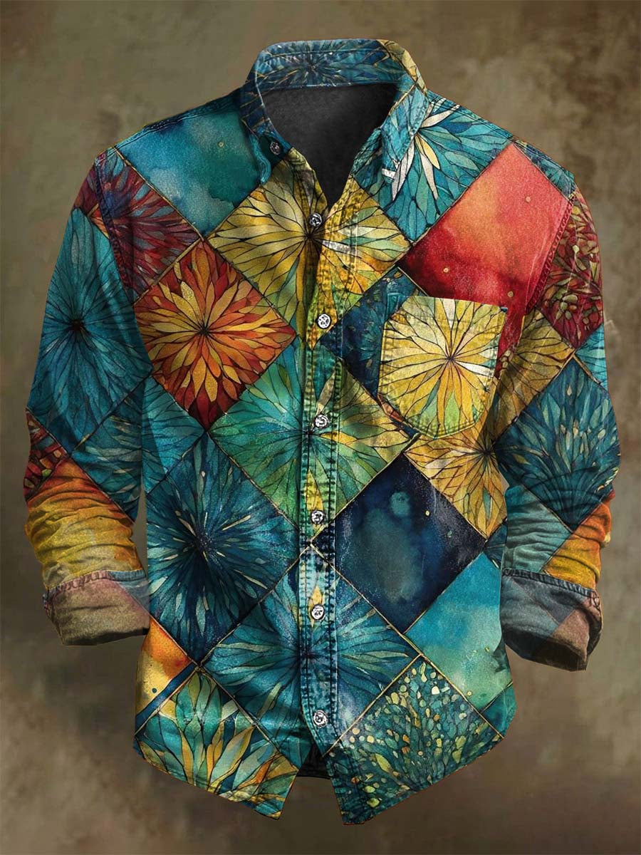 Retro Floral Geometric Print Casual Long-Sleeve Shirt