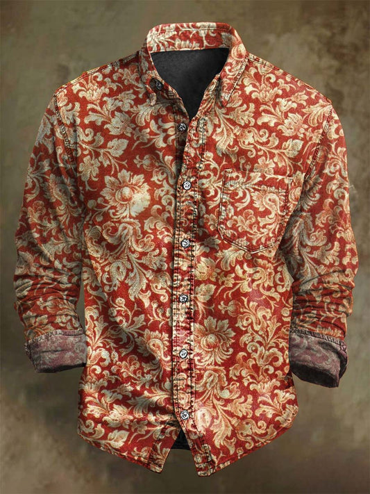 Retro Floral Print Casual Long-Sleeve Shirt