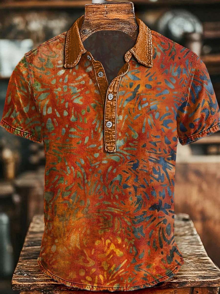Retro Floral Print Casual Short-Sleeve Polo Shirt