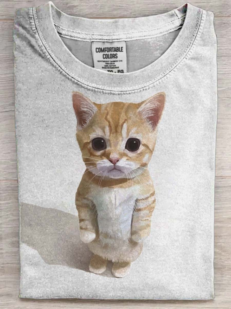Cute Standing Cat Print Casual Short-Sleeve T-Shirt