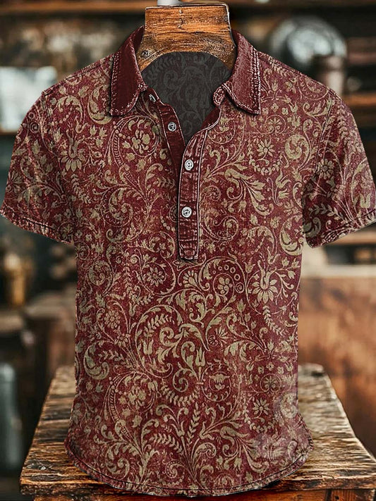 Retro Floral Print Casual Short-Sleeve Polo Shirt