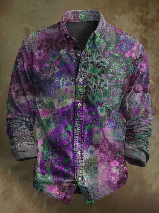 Retro Floral Print Casual Long-Sleeve Shirt