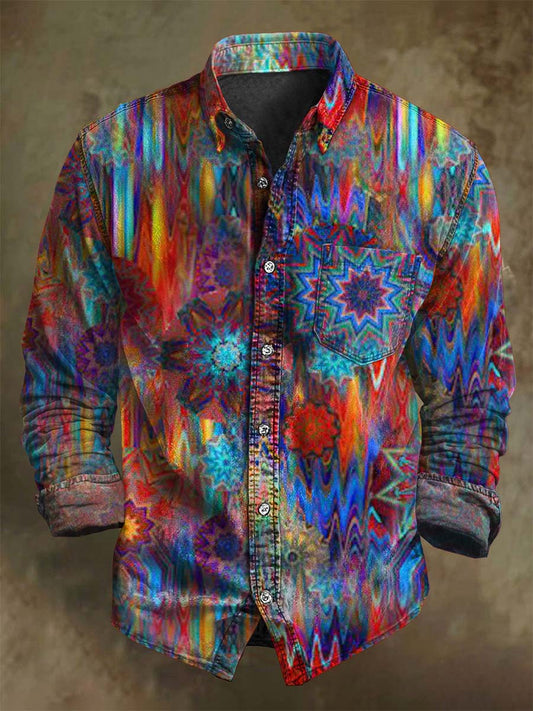 Psychedelic Fractal Print Casual Long-Sleeve Shirt