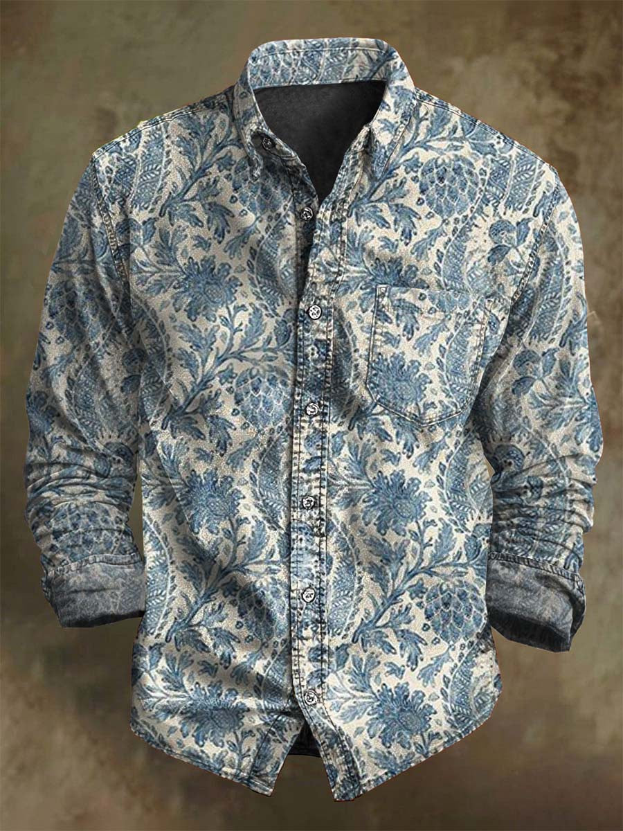 Vintage Floral Print Casual Long-Sleeve Shirt