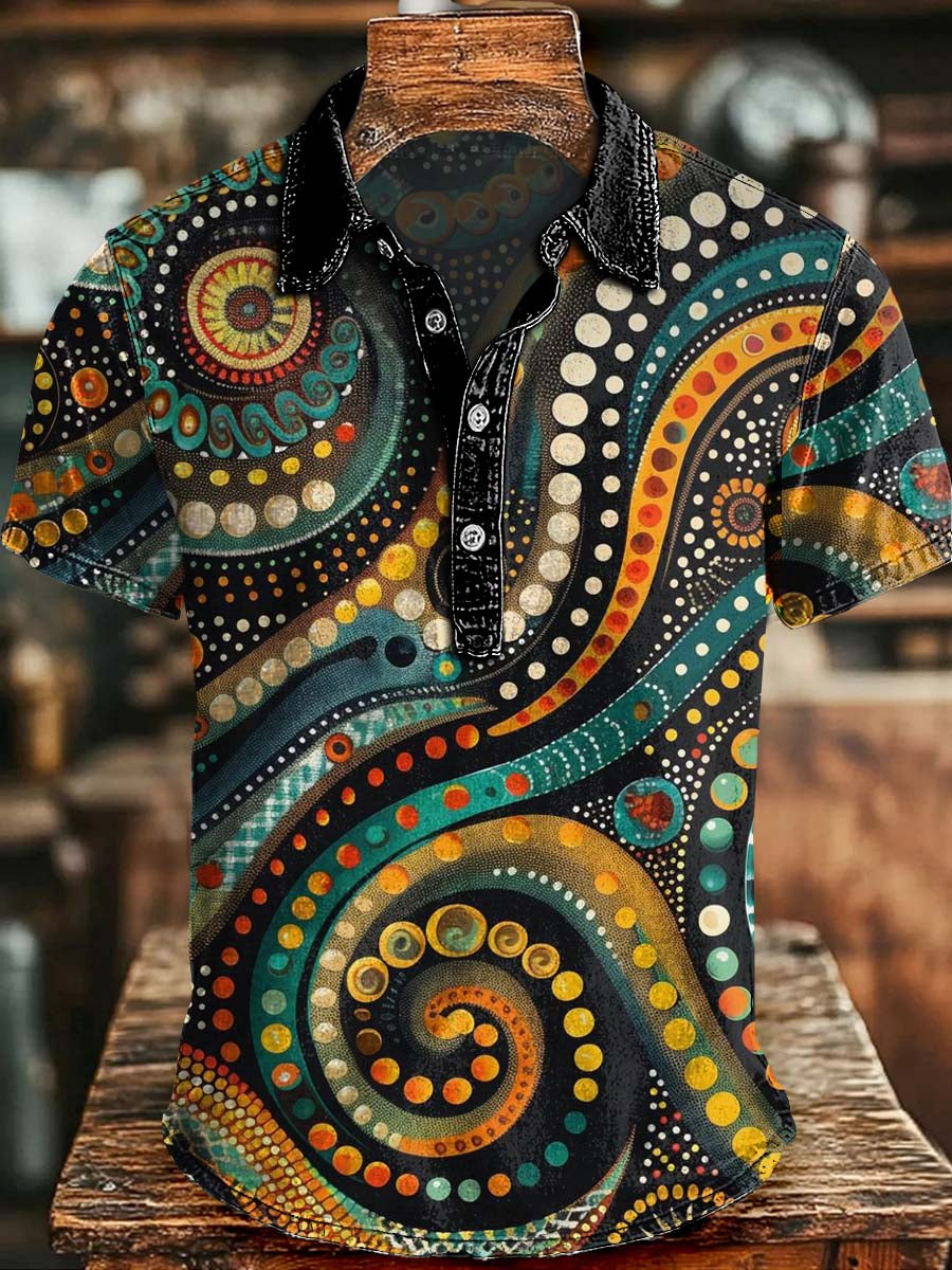 Abstract Curve Spiral Print Casual Short-Sleeve Polo Shirt