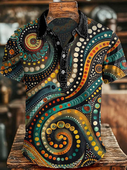 Abstract Curve Spiral Print Casual Short-Sleeve Polo Shirt