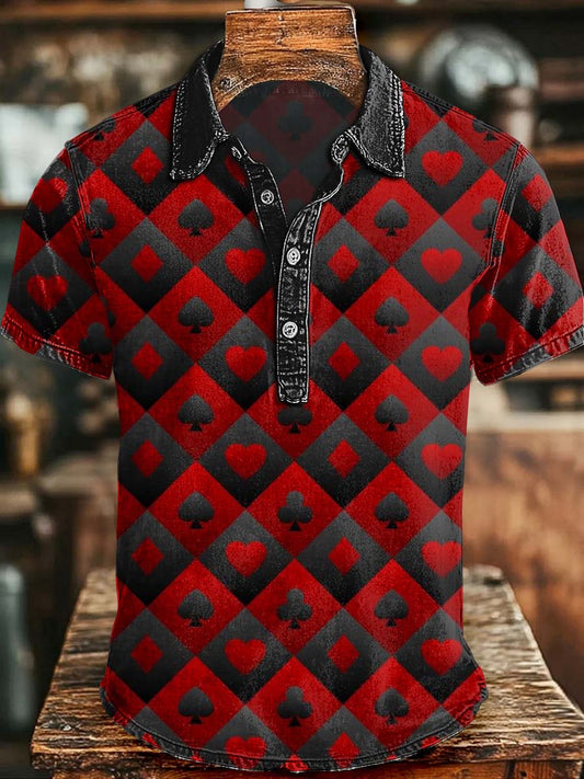 Poker Geometric Checkered Print Casual Short-Sleeve Polo Shirt