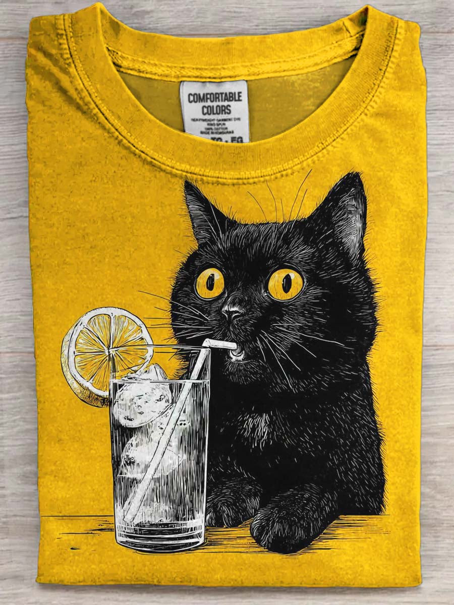 Cat Drink Print Casual Short-Sleeve T-Shirt
