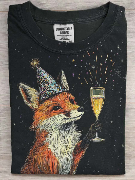 Champagne Fox Print Casual Short-Sleeve T-Shirt