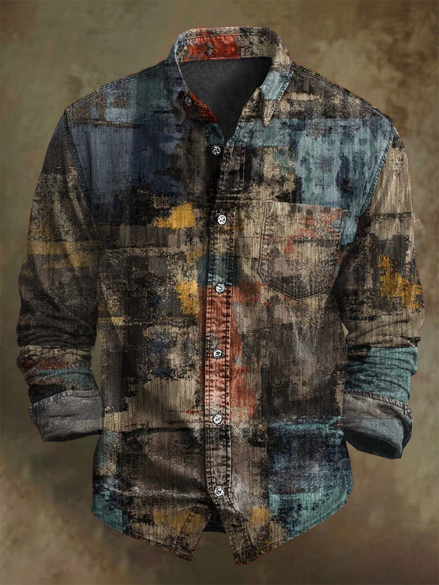 Abstract Irregular Color Block Patchwork Print Casual Long-Sleeve Shirt