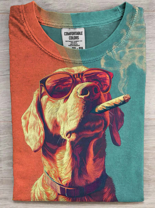 Cool Dog Smoking Print Casual Short-Sleeve T-Shirt