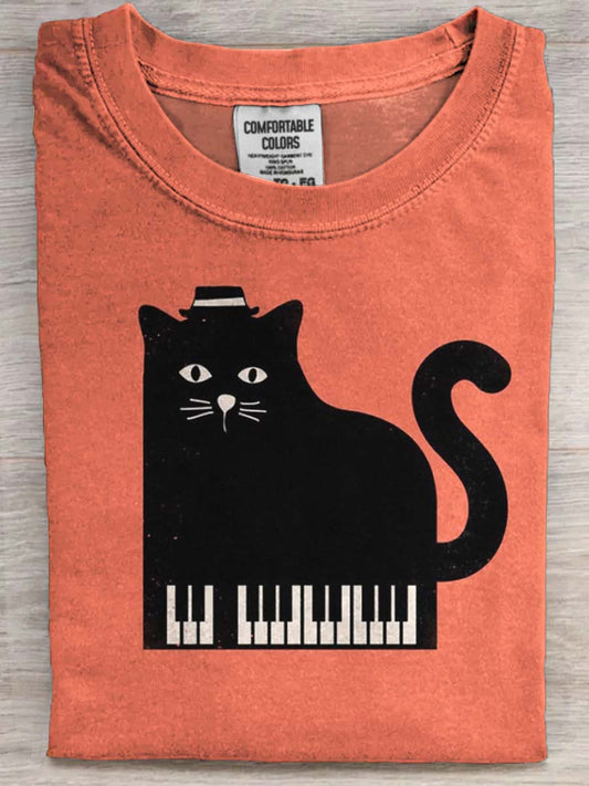 Funny Piano Cat Print Casual Short-Sleeve T-Shirt