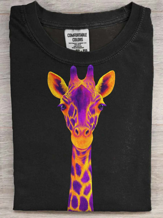 Fluorescent-Colored Giraffe Print Casual Short-Sleeve T-Shirt