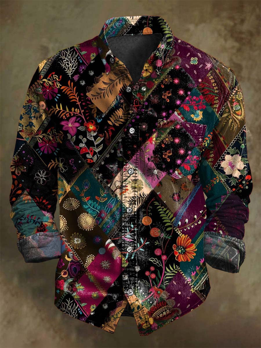 Abstract Bohemian Floral Print Casual Long-Sleeve Shirt