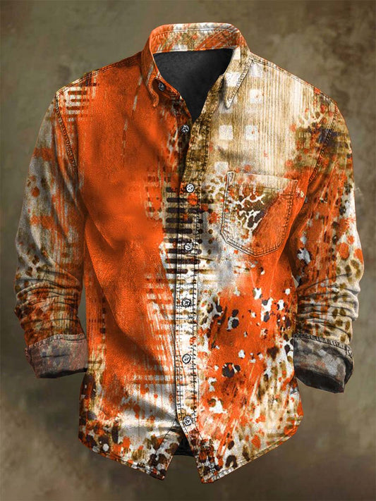 Abstract Color-Block Leopard Print Casual Long-Sleeve Shirt
