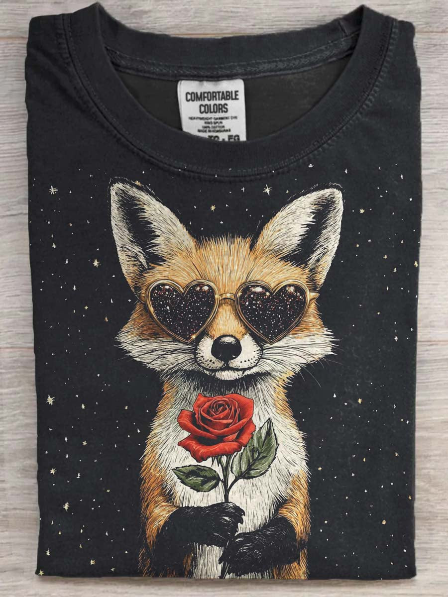 Rose Fox Print Casual Short-Sleeve T-Shirt