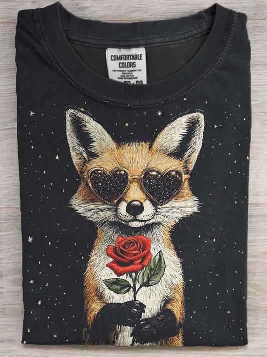 Rose Fox Print Casual Short-Sleeve T-Shirt