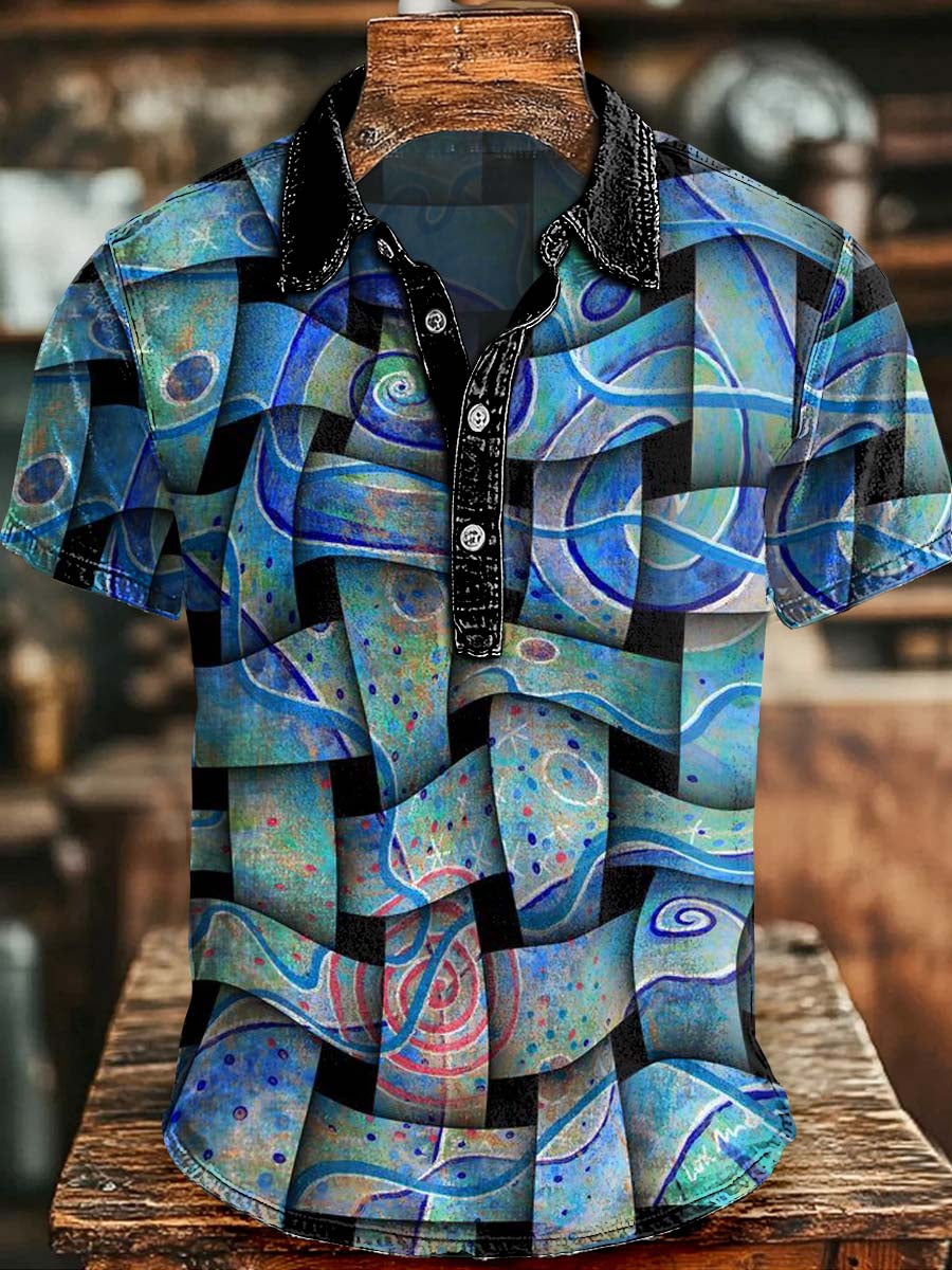 Floating Weave Abstract Print Casual Short-Sleeve Polo Shirt