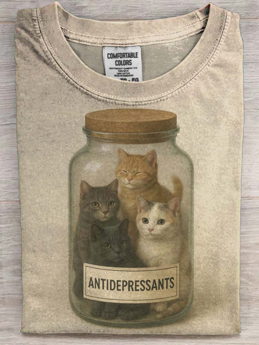 Cat-Printed Casual Short-Sleeve T-Shirt for Depression Relief