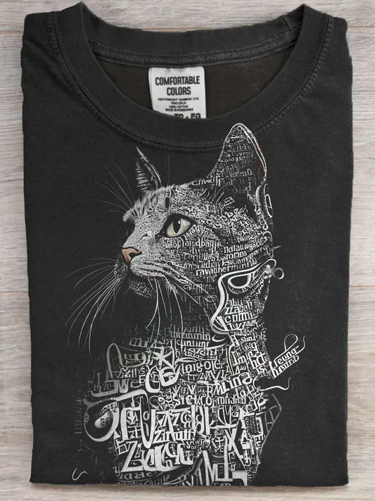 Abstract Alphabet Cat Print Casual Short-Sleeve T-Shirt