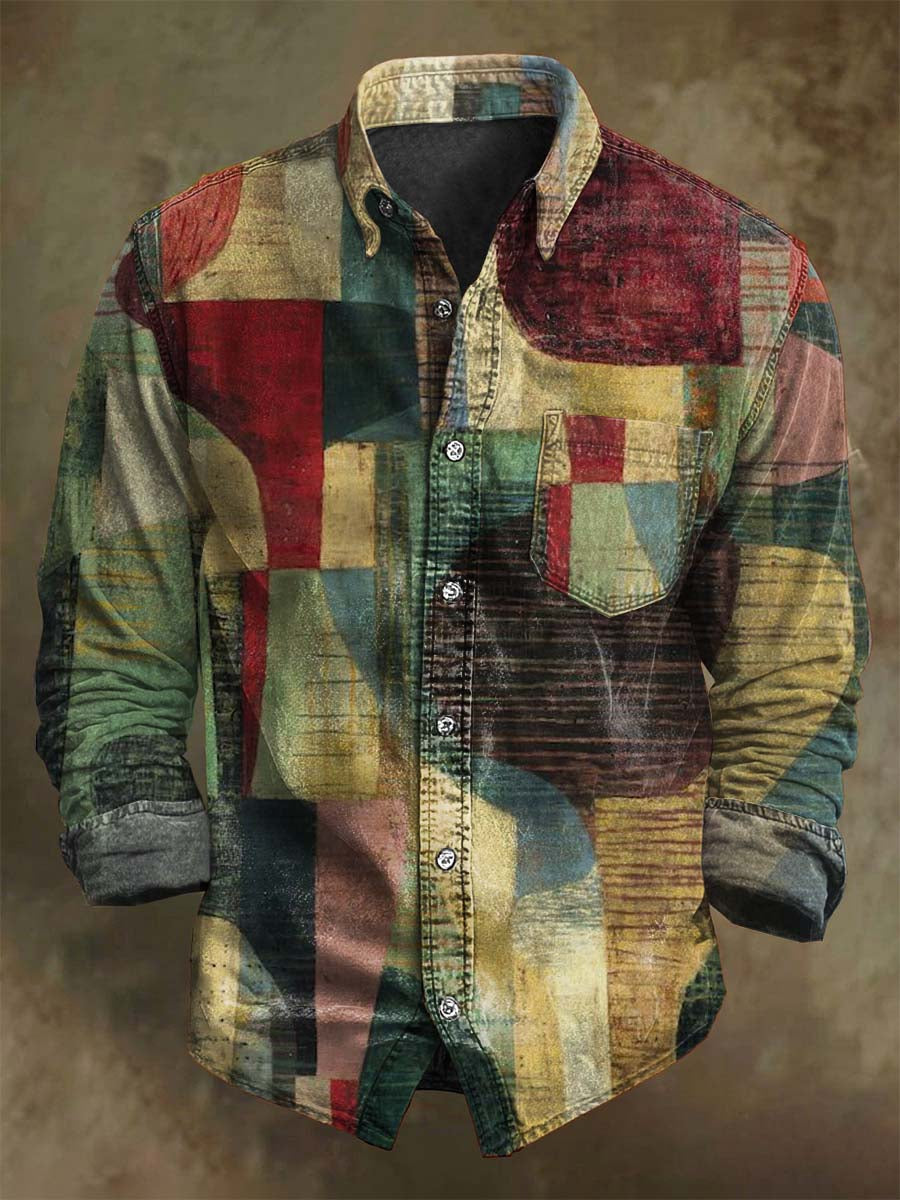 Abstract Color-Blocked Irregular Geometric Print Casual Long-Sleeve Shirt