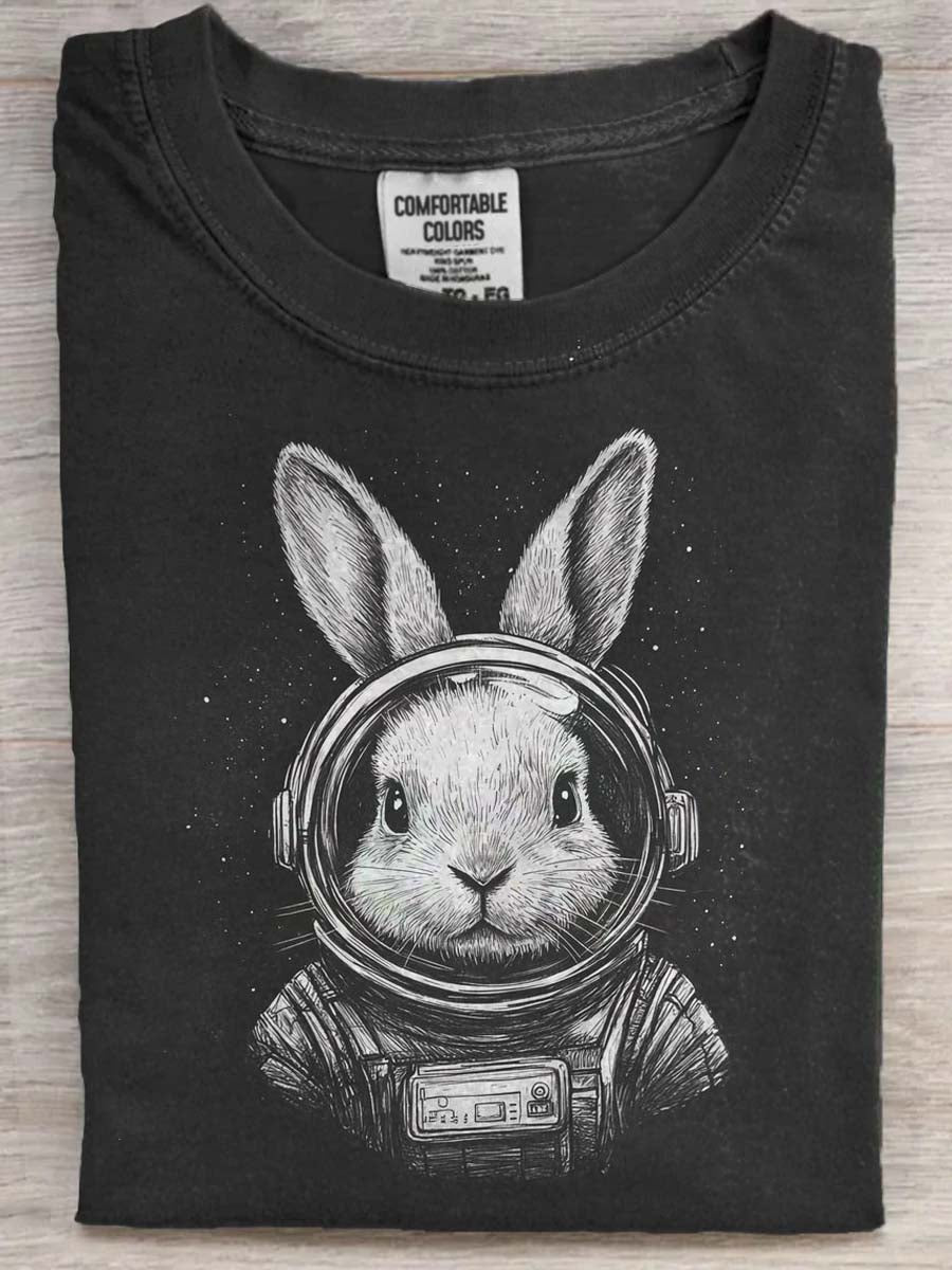 Abstract Astronaut Rabbit Print Casual Short-Sleeve T-Shirt
