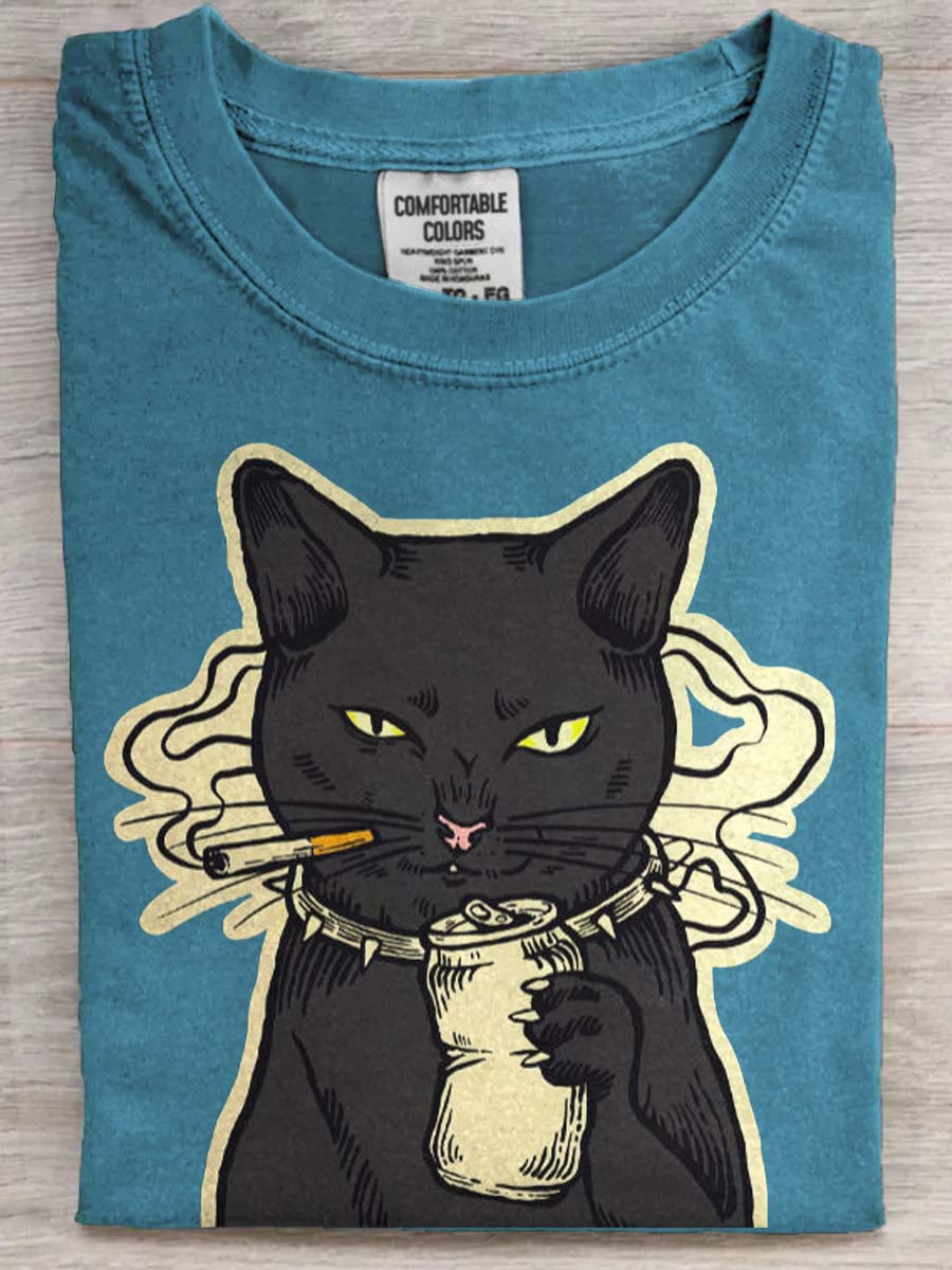 Beer Cat Print Casual Short-Sleeve T-Shirt