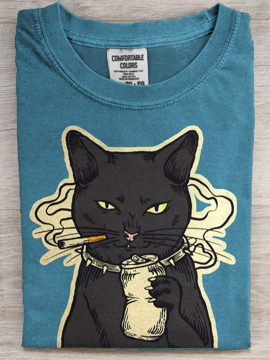 Beer Cat Print Casual Short-Sleeve T-Shirt