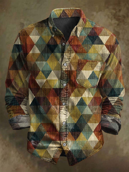 Retro Geometric Plaid Print Casual Long-Sleeve Shirt
