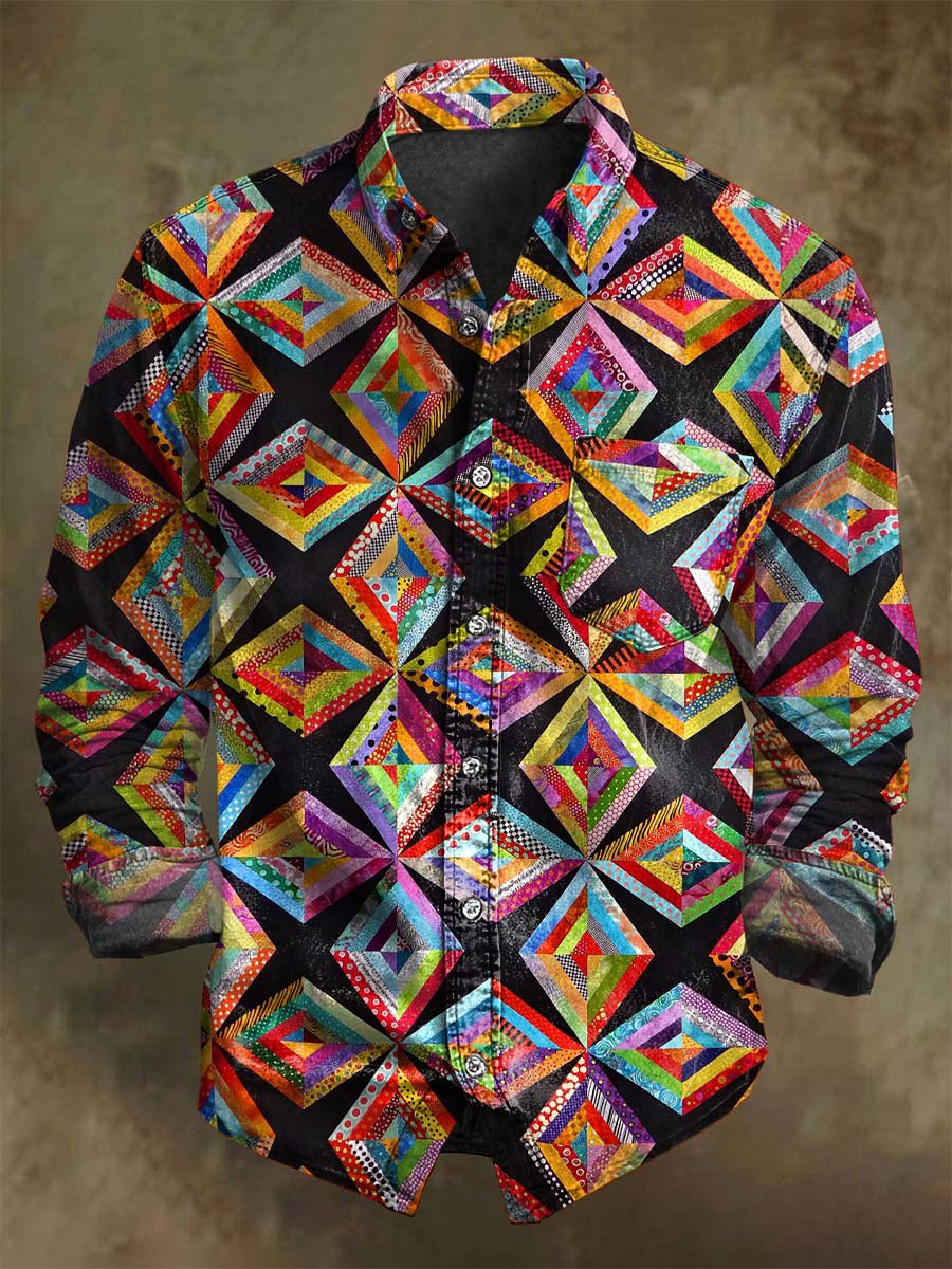 Abstract Patchwork Geometric Print Casual Long-Sleeve Shirt