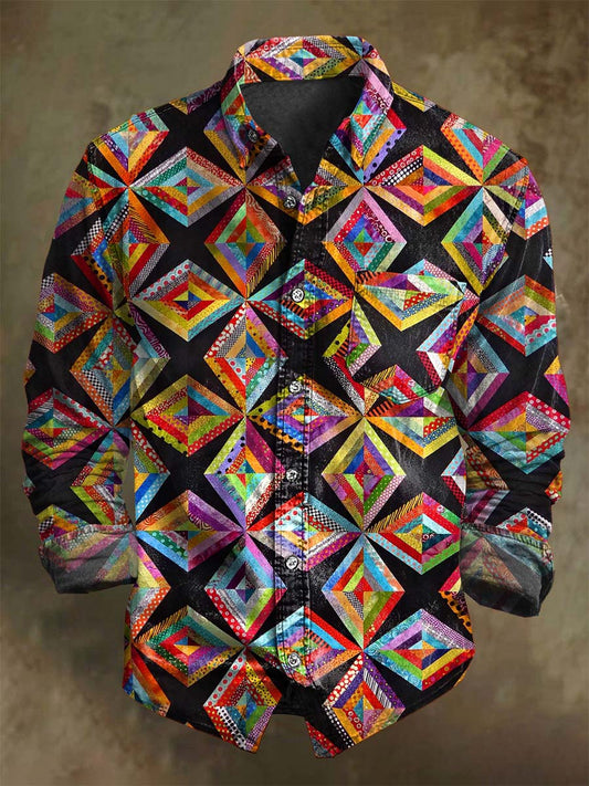 Abstract Patchwork Geometric Print Casual Long-Sleeve Shirt