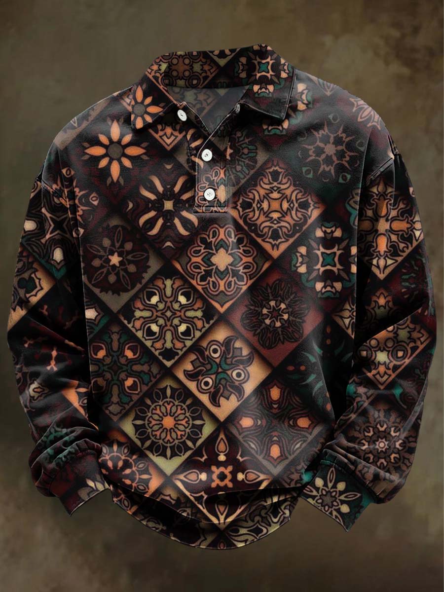 Retro Geometric Floral Print Casual Long-Sleeve Polo Shirt