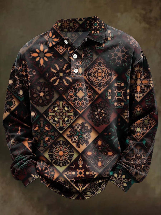 Retro Geometric Floral Print Casual Long-Sleeve Polo Shirt