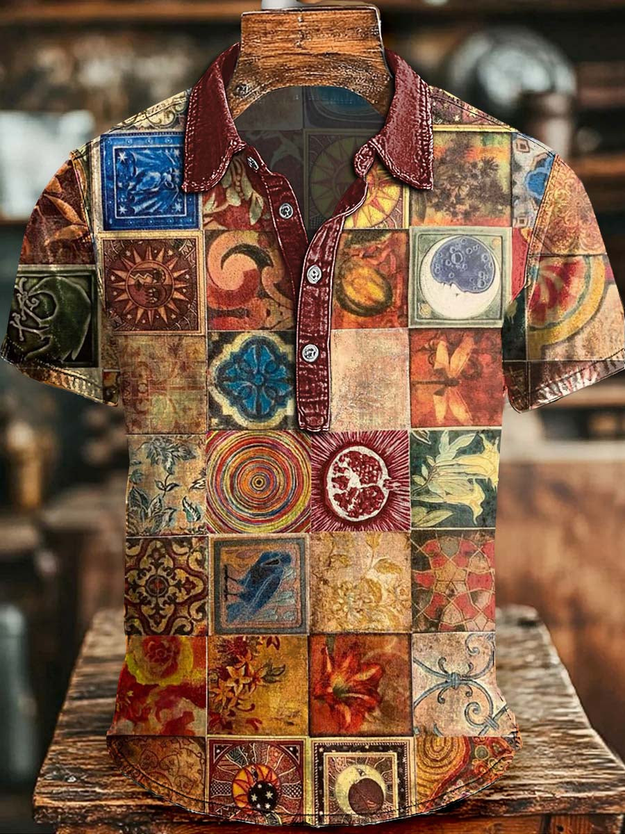 Retro Collage Print Casual Short-Sleeve Polo Shirt