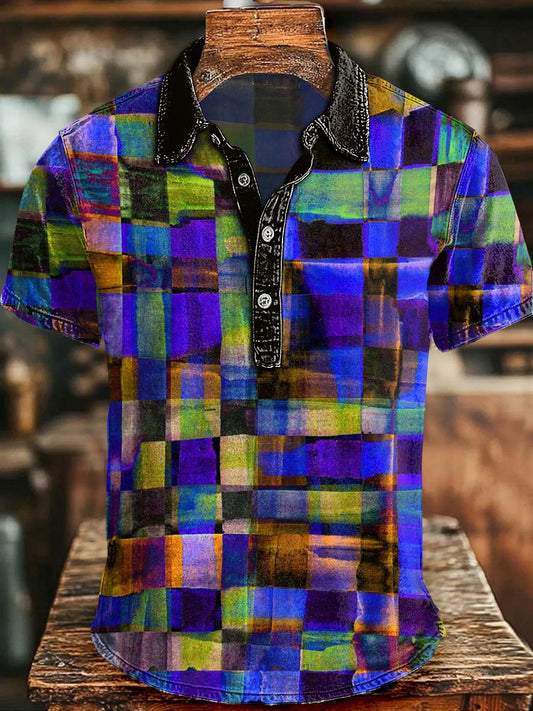 Color-blocked Knit Print Casual Short-Sleeve Polo Shirt