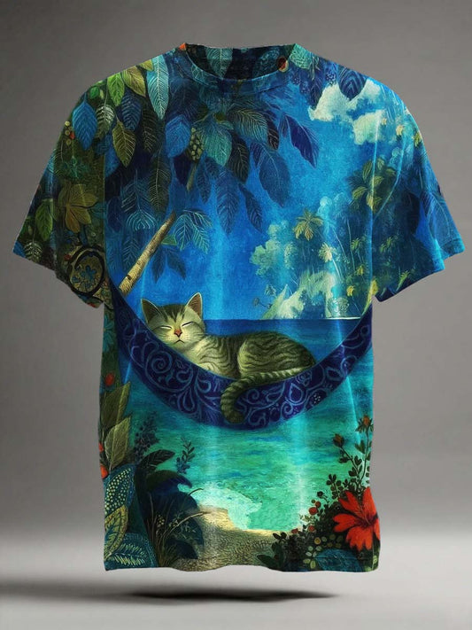 Beach Sleeping Cat Print Casual Short-Sleeve T-Shirt