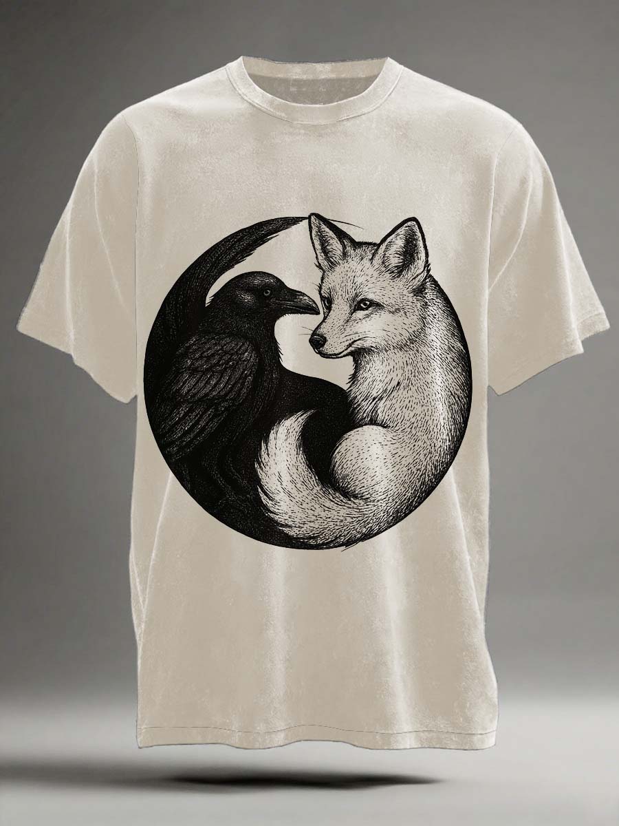 Retro Raven Fox Print Casual Short-Sleeve T-Shirt