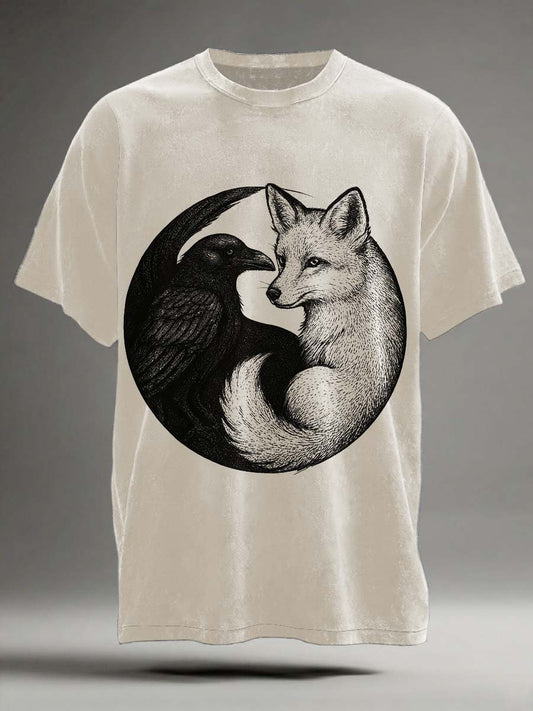 Retro Raven Fox Print Casual Short-Sleeve T-Shirt