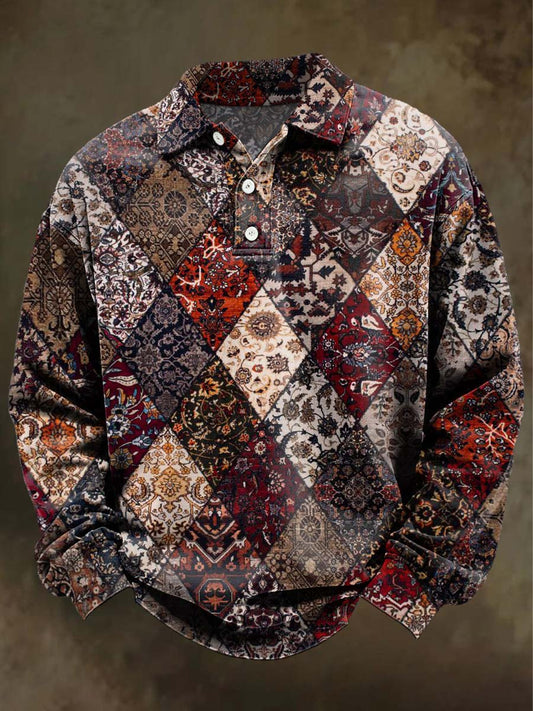 Retro Geometric Floral Print Casual Long-Sleeve Polo Shirt