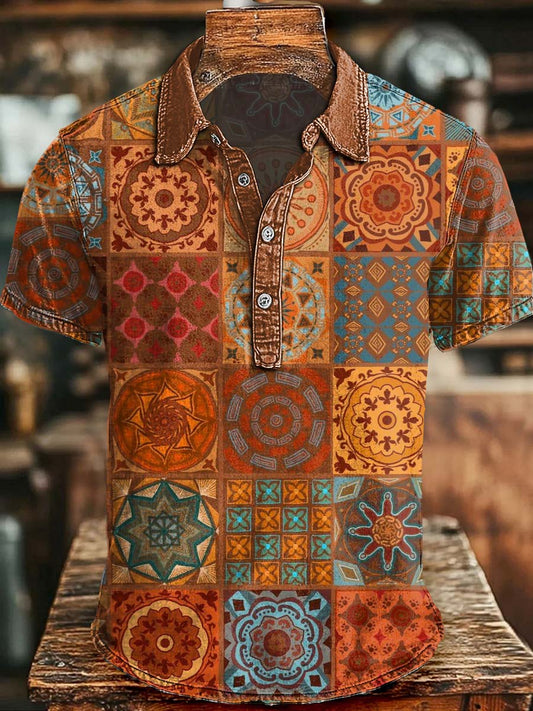 Retro Ethnic Print Casual Short-Sleeve Polo Shirt