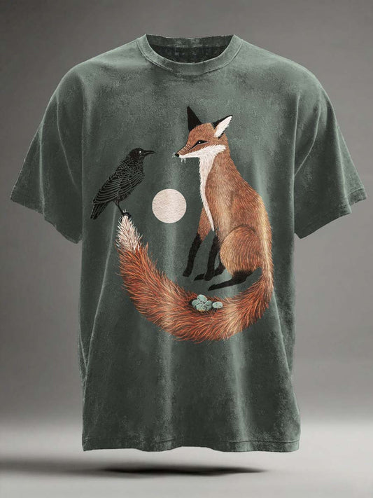 Retro Raven Fox Print Casual Short-Sleeve T-Shirt