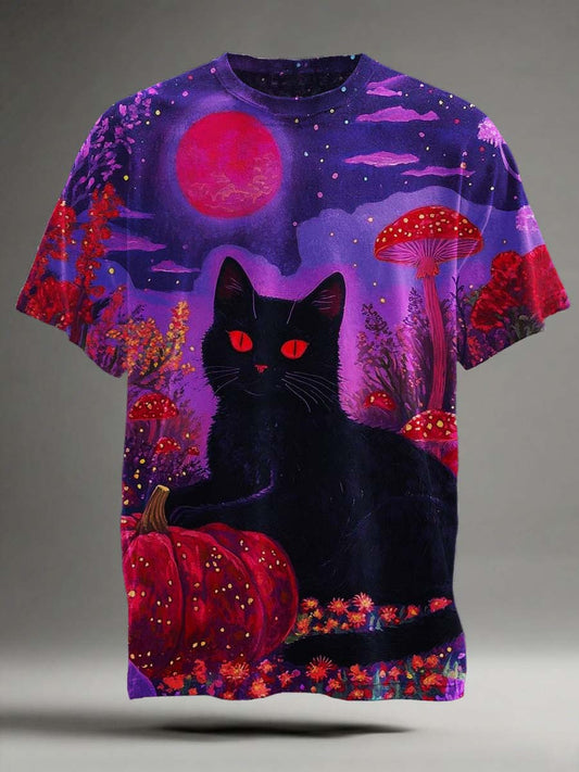 Funny Red Sun Black Cat Print Casual Short-Sleeve T-Shirt