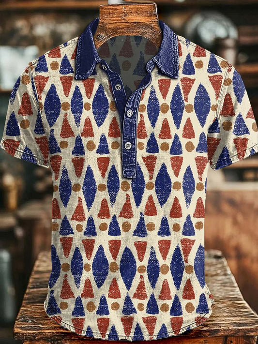 Retro Ethnic-Inspired Geometric Print Casual Short-Sleeve Polo Shirt