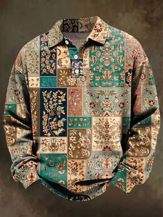 Retro Geometric Floral Print Casual Long-Sleeve Polo Shirt