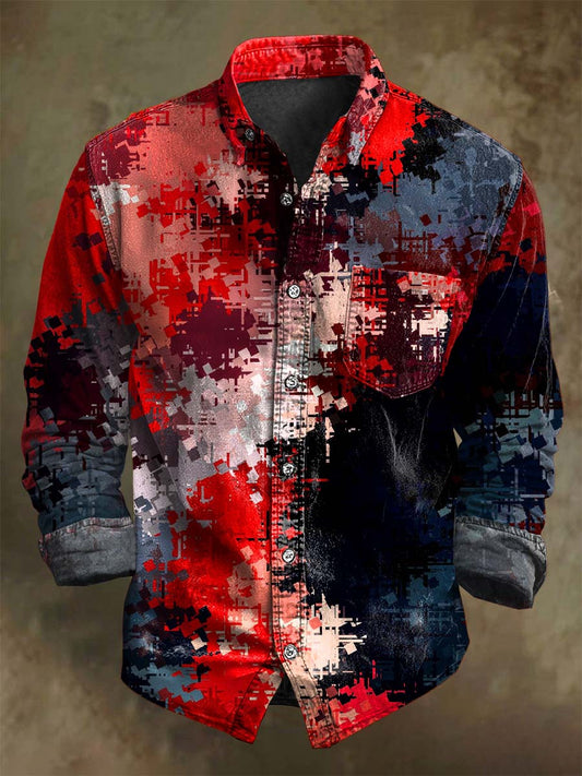 Abstract Color-Blocked Geometric Print Casual Long-Sleeve Shirt